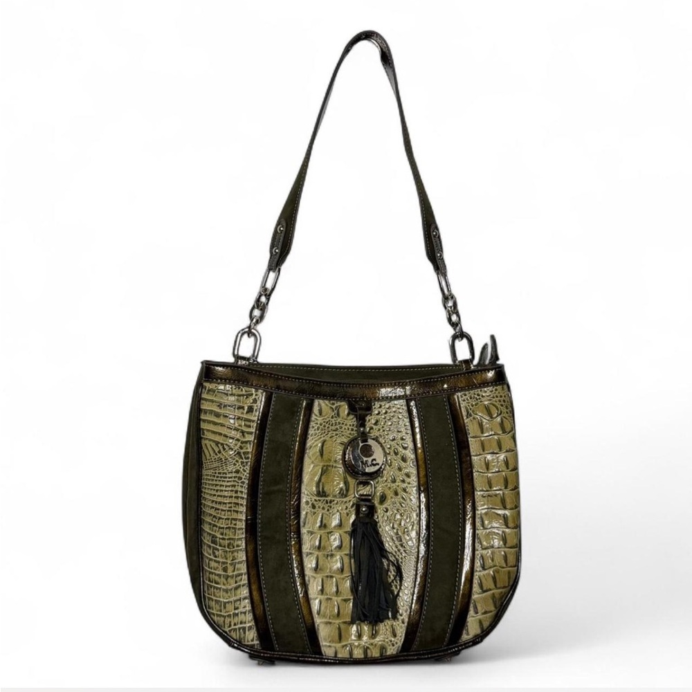 Olive Green Croc-Embossed Shoulder Bag with Tassel and Silver Chain Hardware